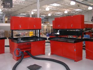 Red metal cabinet workcenters in garage