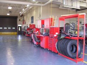 dealership with tires and red workcenter
