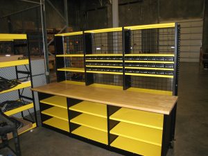 yellow work center with woodgrain countertop